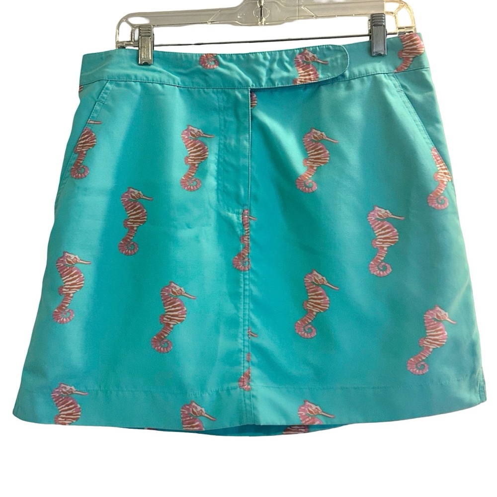 Bermuda Styles Aqua Turquoise Skirt with Overall Pink Seahorse Print